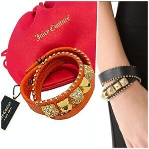 Juicy Couture Leather Jeweled Wrap Bracelet Orange Gold Studs NEW